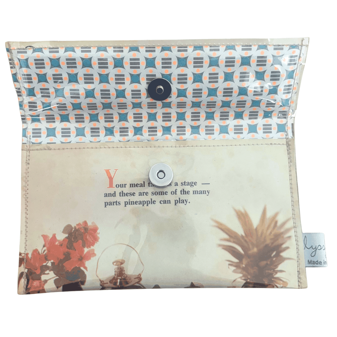 Patterned wallet with text and pineapple design on a white background