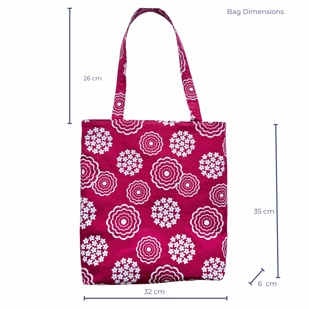 LyssyMay cottage garden tote bag with white floral pattern and measurements on a white background. 32 wide by 35 cm body of bag with 26 cm high handle.