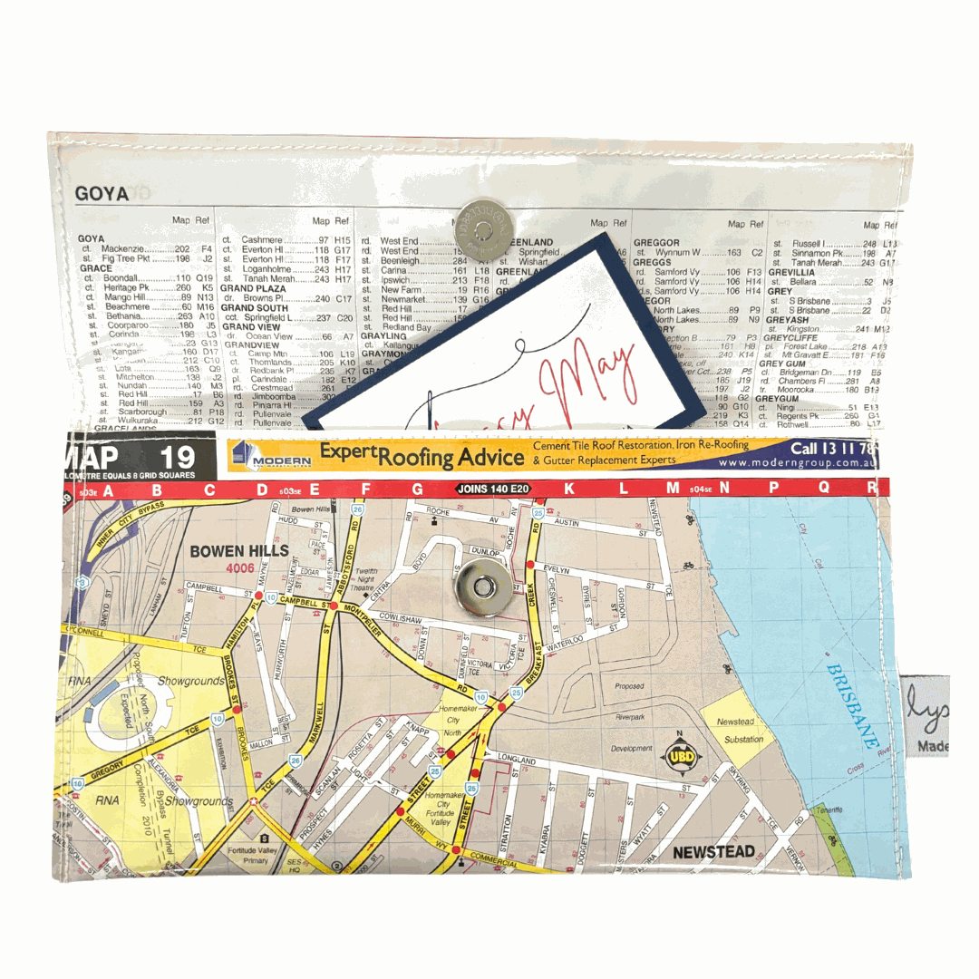 Recycled street map wallet by Lyssy May featuring Fortitude Valley, Kangaroo Point, Newstead, and Bowen Hills areas of Brisbane. Inside view of wallet with magnetic clip closure.