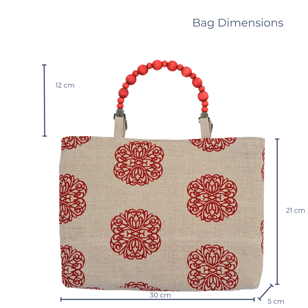 Iron Flowers Handprinted Natural Linen Shopper with Beaded Handles (Red)