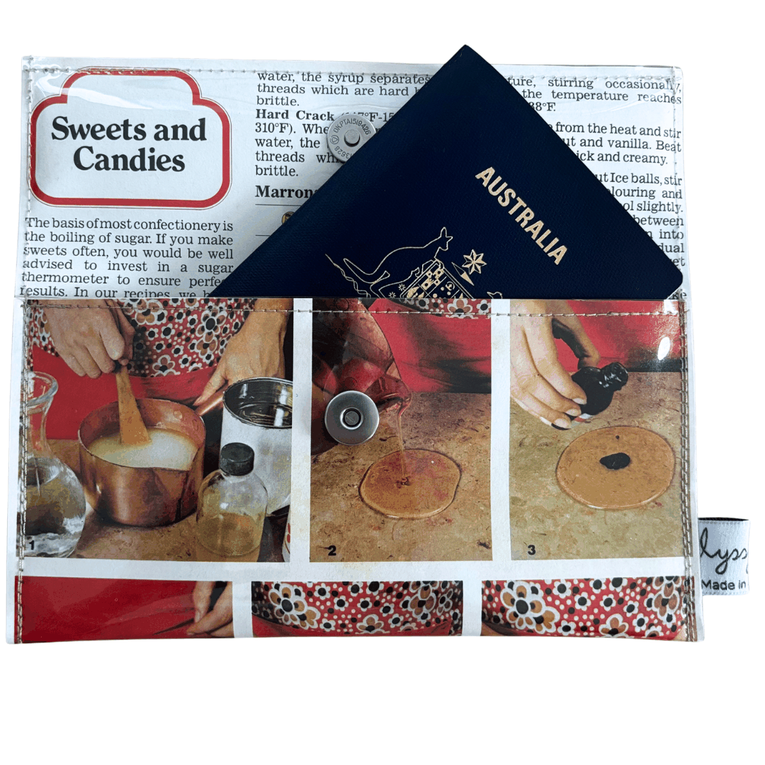 Vintage 1970s retro recipe wallet featuring sweets and candies chapter with vintage cooking images and text