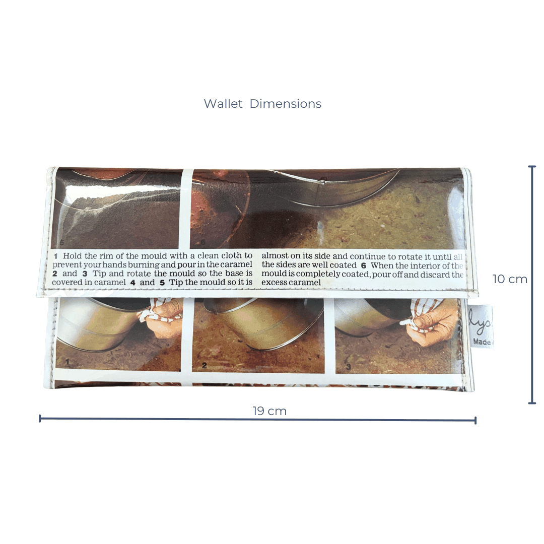 Instructions for a creme caramel mould with images and dimensions on a white background for the handmade wallet