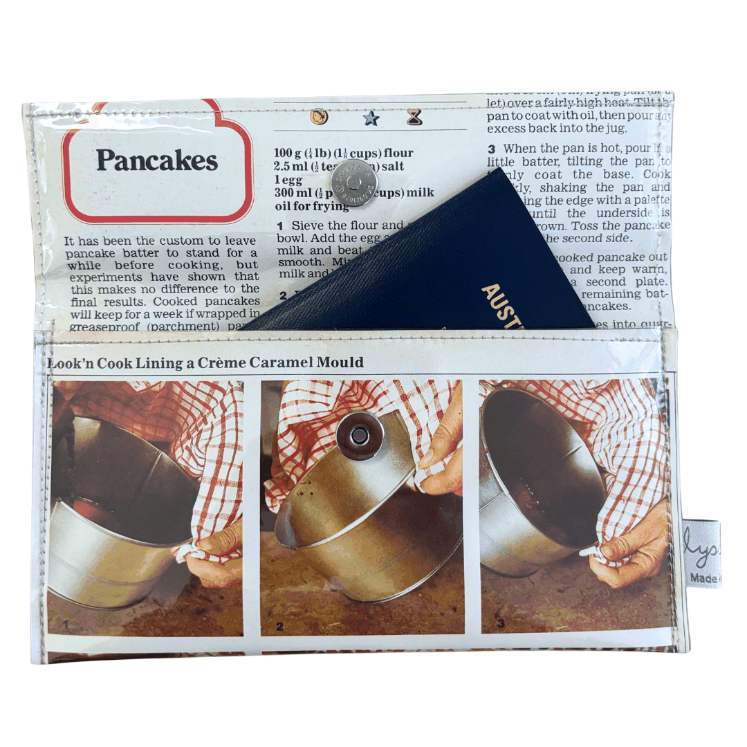 Wallet with a printed design featuring cooking instructions and images on a white background