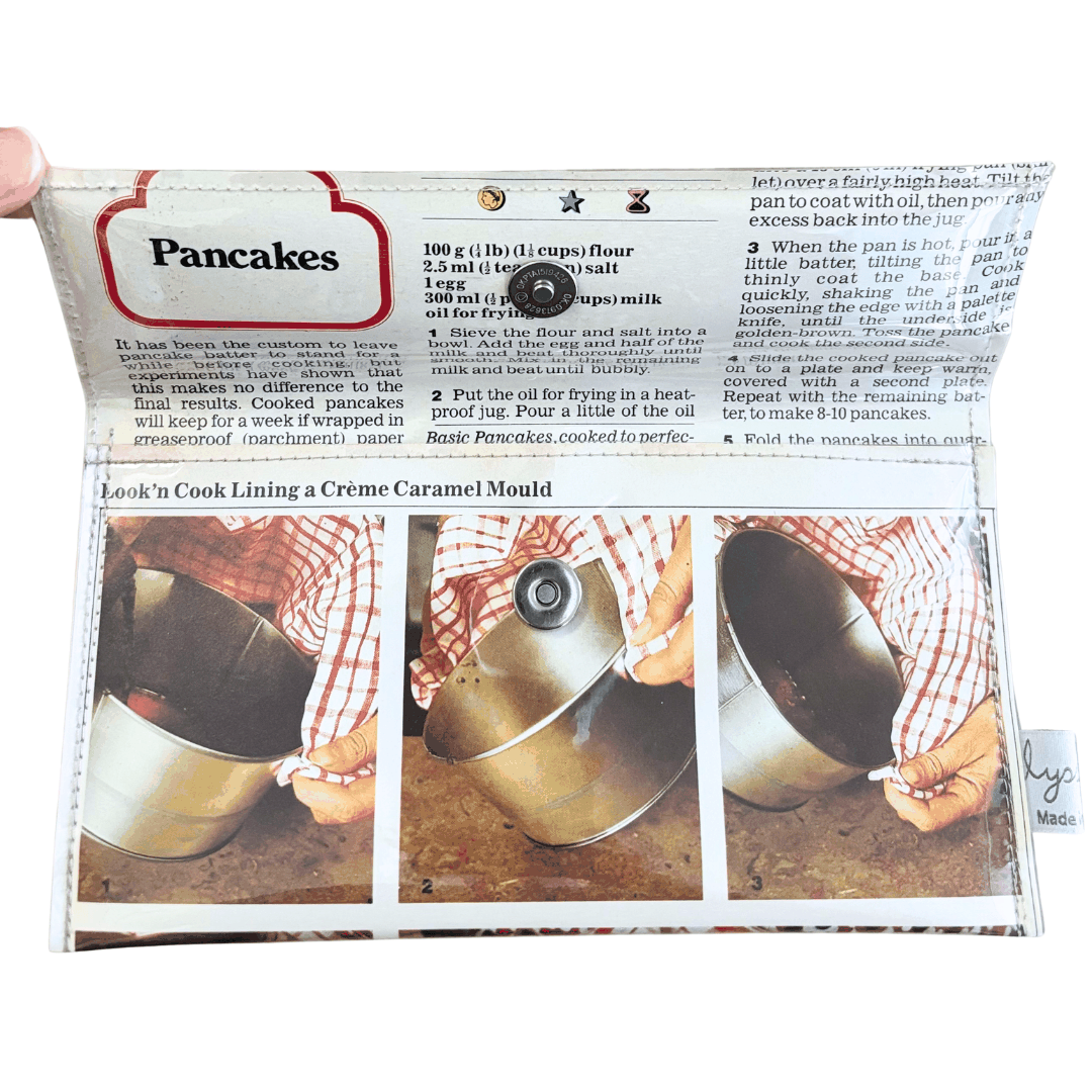 Slimline Retro Recipe Wallet featuring vintage 1970s creme caramel cookbook pages with magnetic clasp and retro design