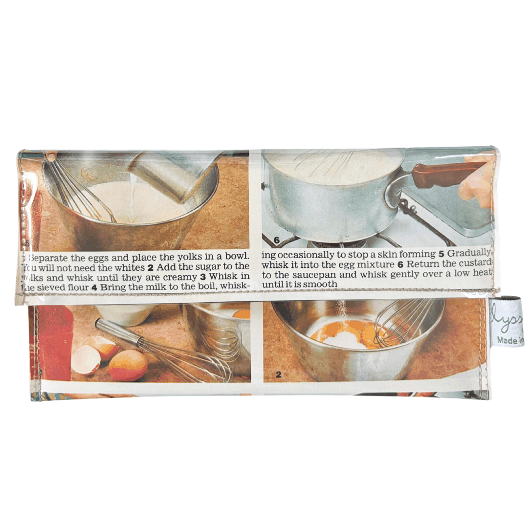 Retro recipe wallet made from 1970s cookbook pages featuring Confectioner's Custard recipe, slimline design with magnetic clasp.