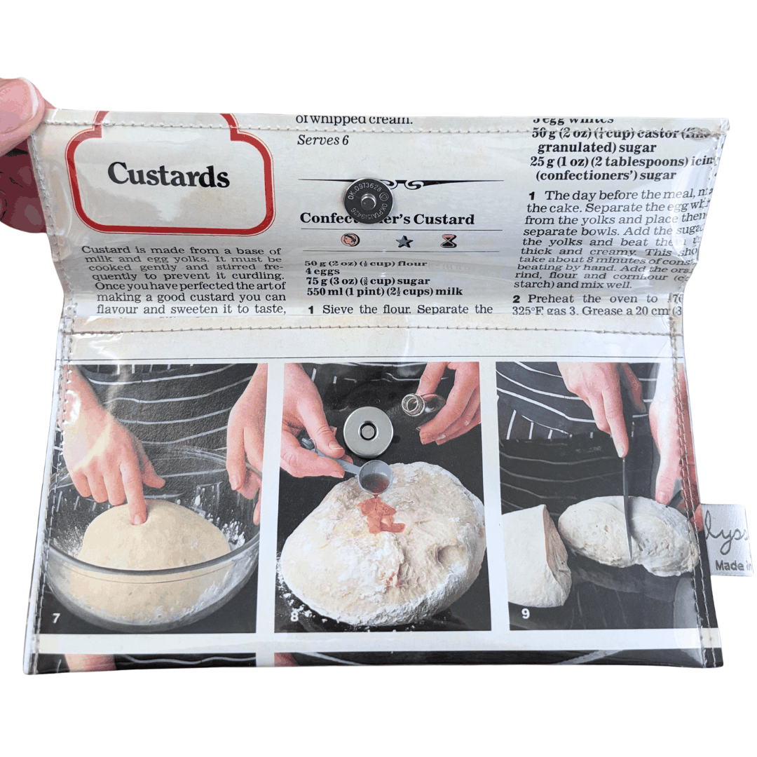 Slimline retro recipe wallet featuring 1970s jam donuts and custards cookbook pages with magnetic clasp and navy white apron design