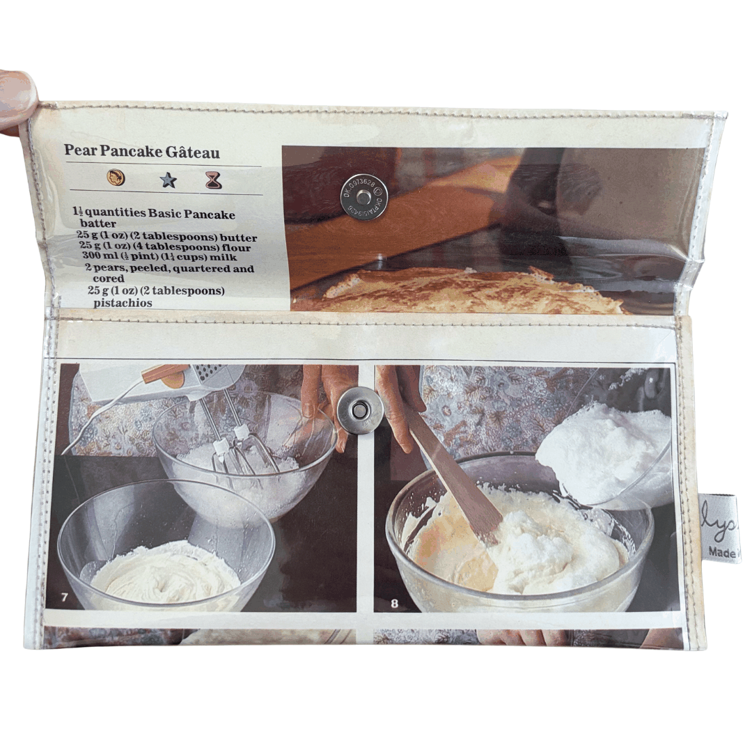 Retro Recipe Wallet made from 1970s cookbook pages featuring Pear Pancake Gateau recipe and souffle instructions in slimline design