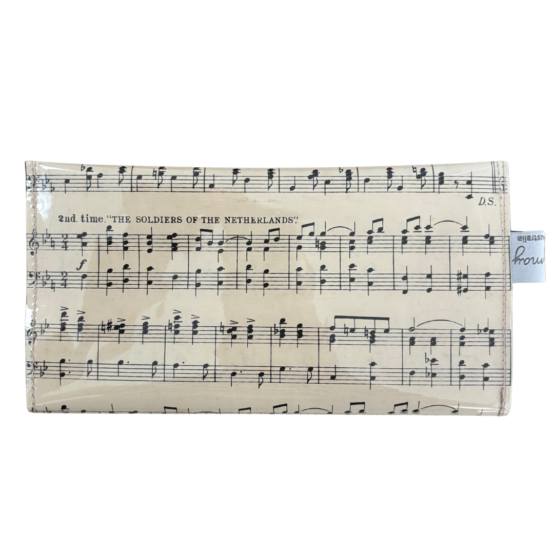 Rectangular pouch with sheet music design on a white background