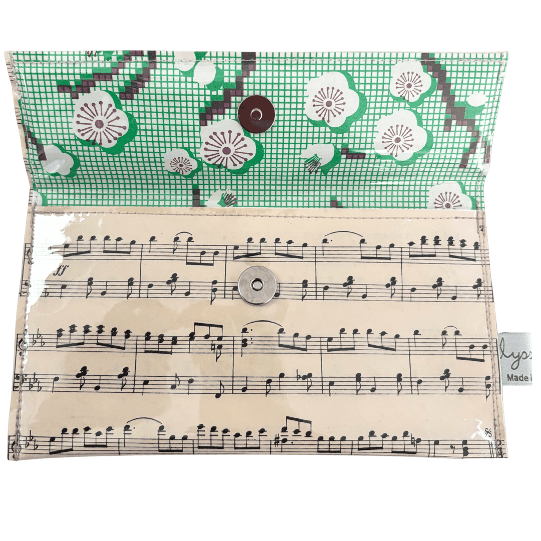 Vintage Sheet Music Wallet made from 1940s "The Soldiers of Netherlands" sheet music with floral lining and magnetic clasp
