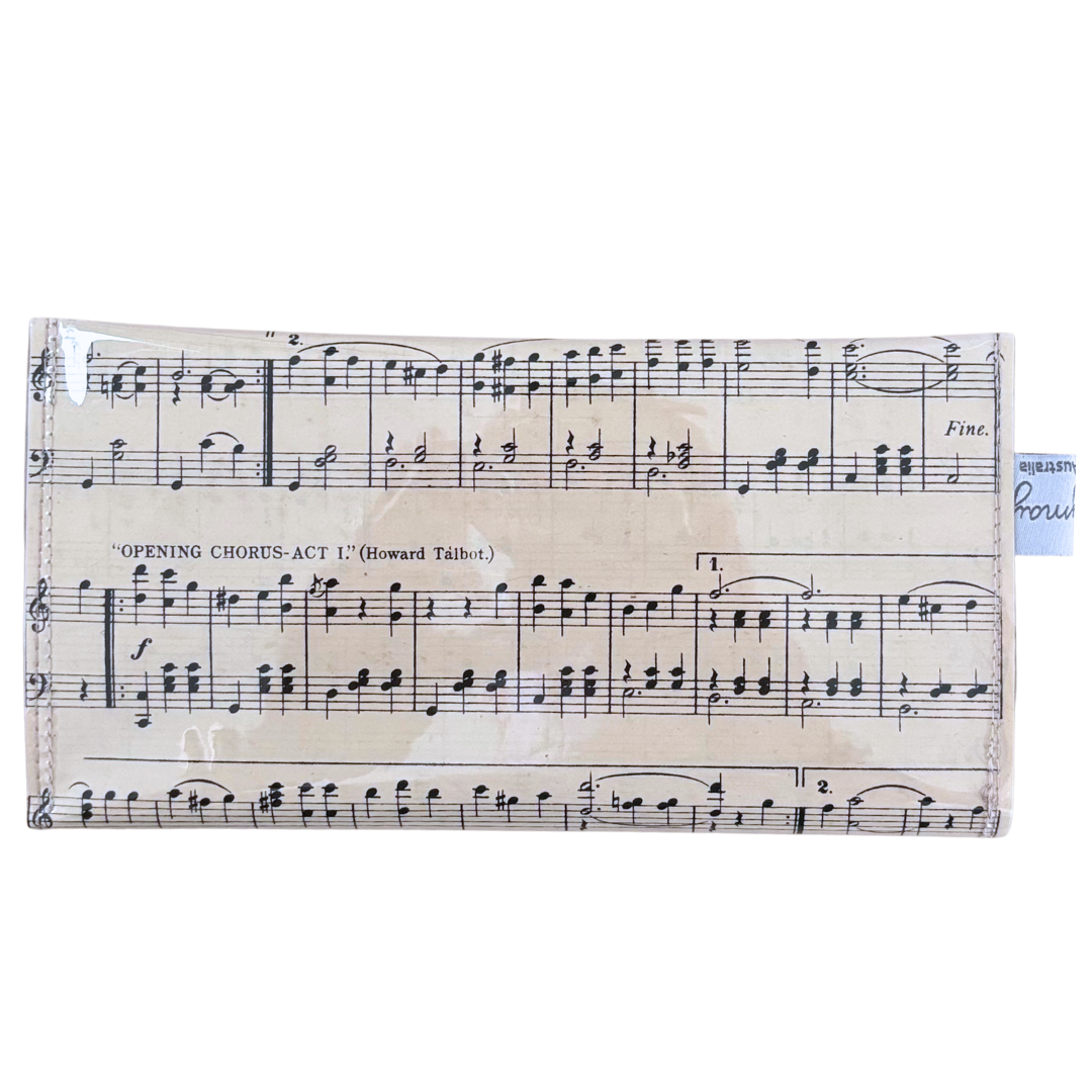 Sheet music with musical notation on a white background handmade into a wallet
