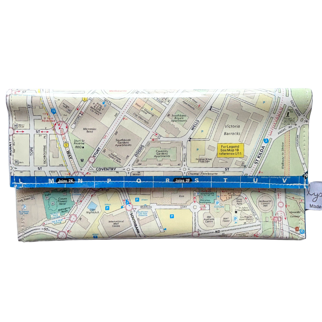 Recycled Street Map Wallet - Melbourne Southbank, Flinders Street Station, St Kilda Road