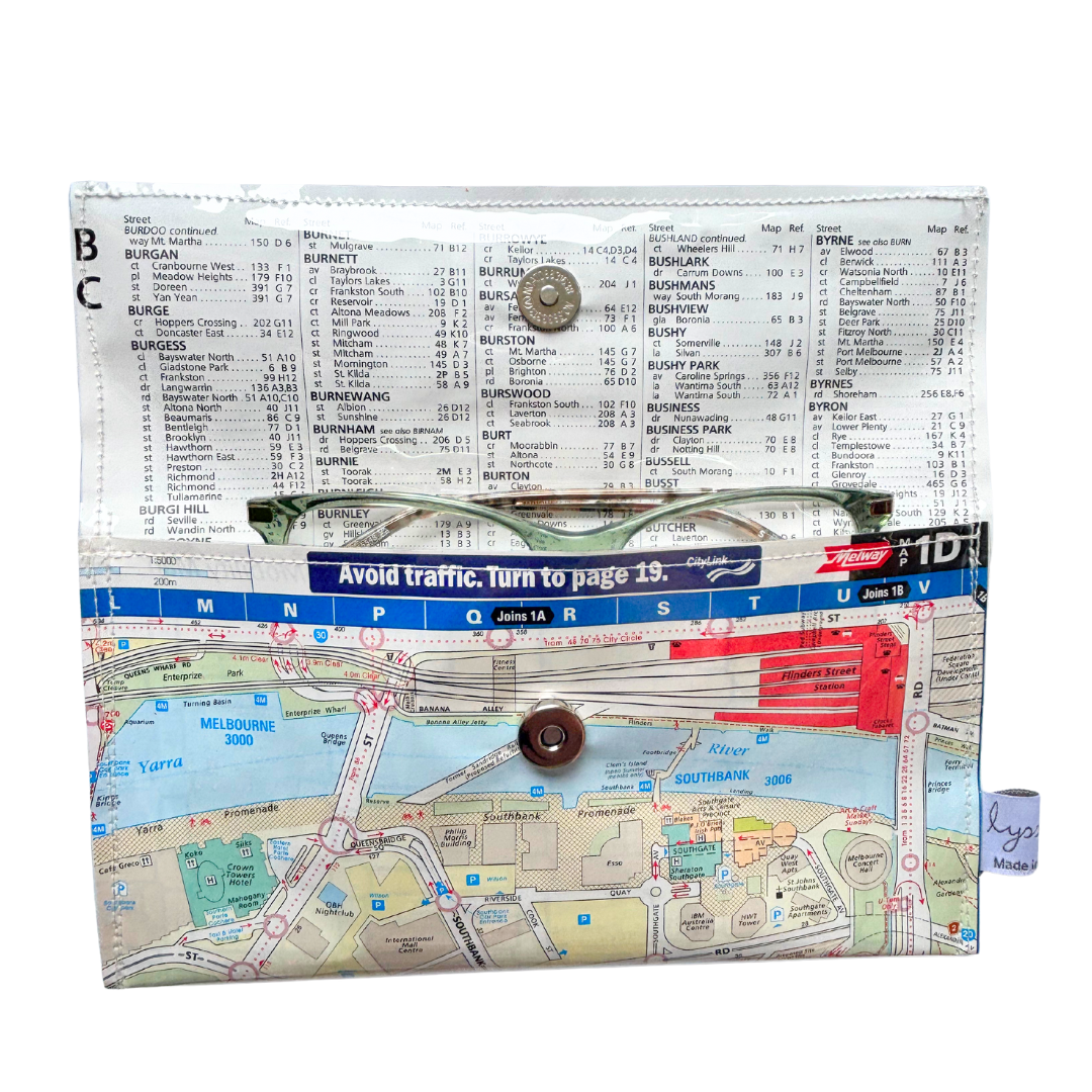 Recycled Street Map Wallet - Melbourne Southbank, Flinders Street Station, St Kilda Road