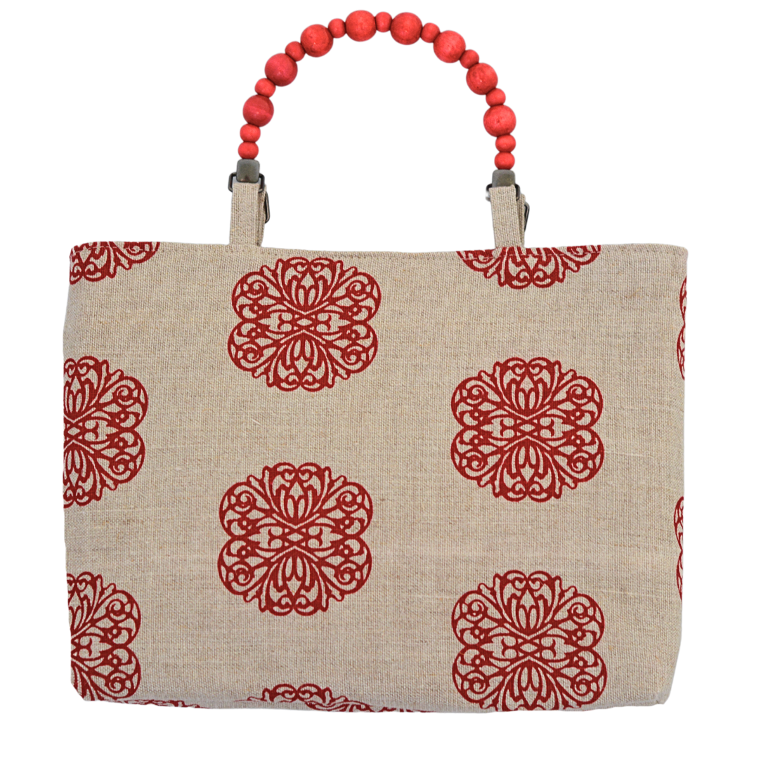 Iron Flowers Handprinted Natural Linen Shopper with Beaded Handles (Red)