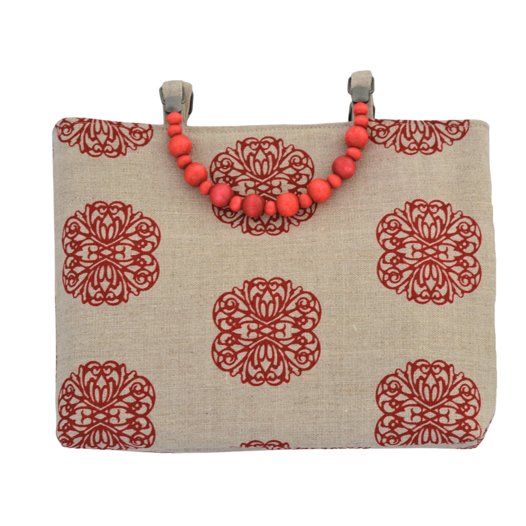 Iron Flowers Handprinted Natural Linen Shopper with Beaded Handles (Red)