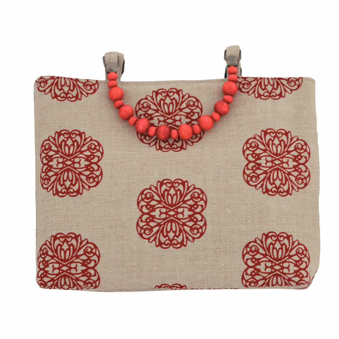 Iron Flowers Handprinted Natural Linen Shopper with Beaded Handles (Red)