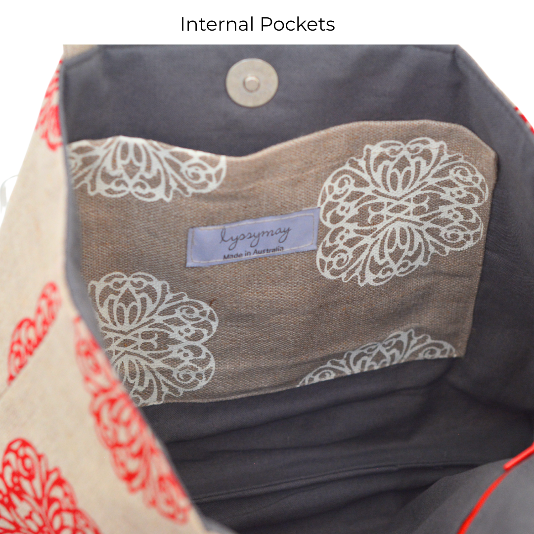 Iron Flowers Handprinted Natural Linen Shopper with Beaded Handles (Red)