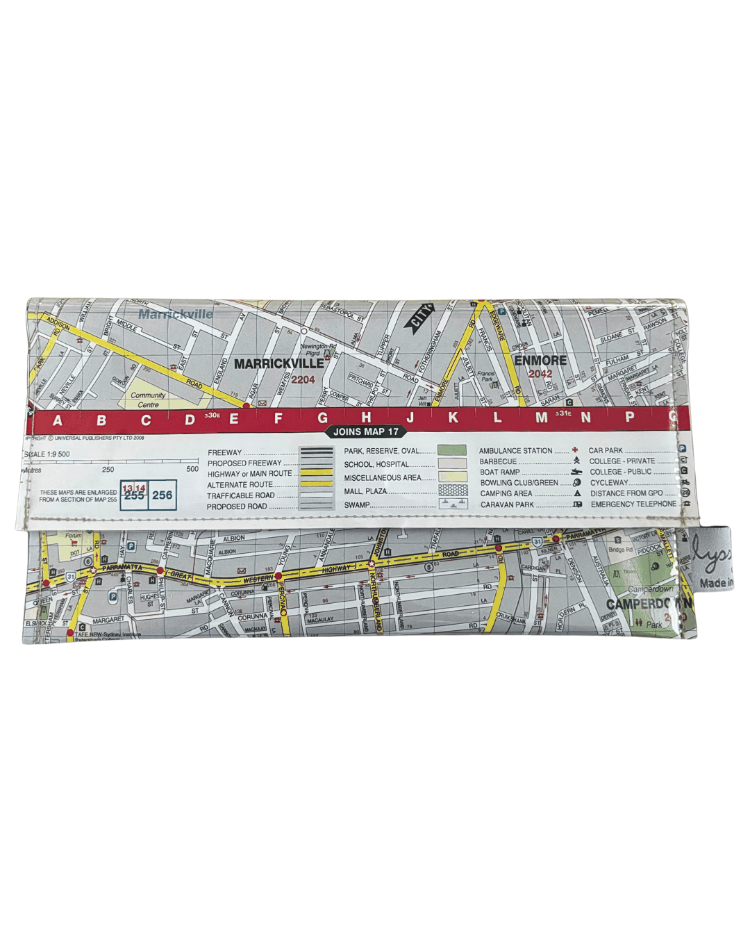 Recycled street map wallet featuring Marrickville, Stanmore, Annandale, and Petersham suburbs, made from vintage Sydney map pages.
