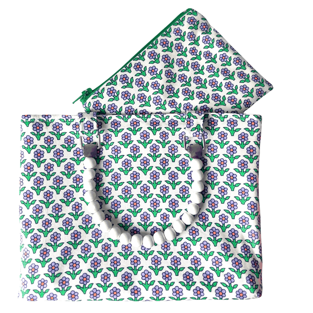 Purple floral mini fabric shopper bag with matching zip purse and wooden beaded handles
