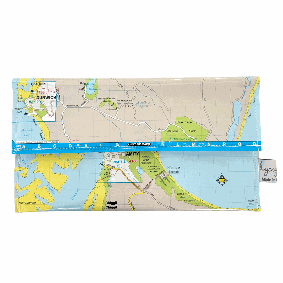 Recycled street map wallet featuring North Stradbroke Island map, made from Brisbane UBD pages with clear PVC cover and magnetic clip closure