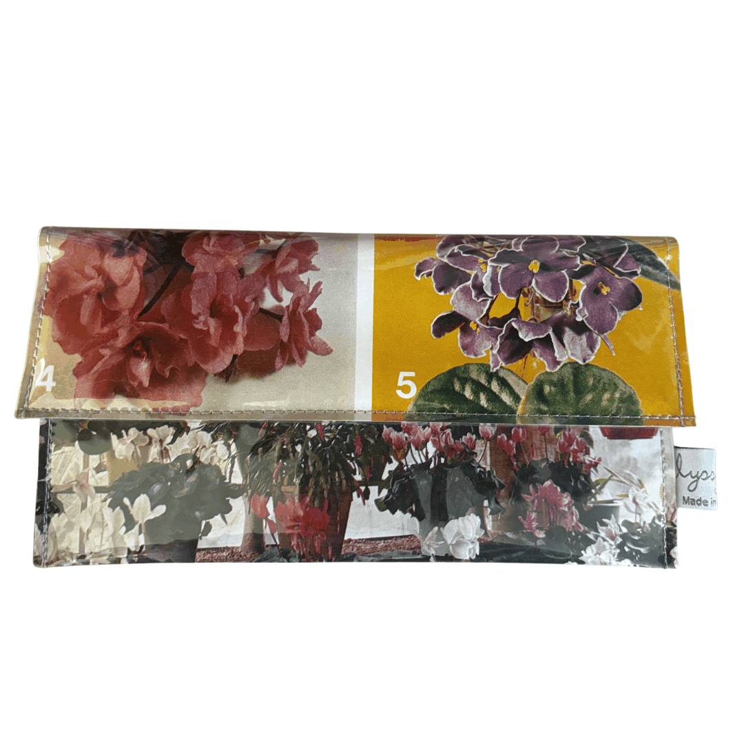 Vintage Garden Book Wallet featuring cyclamen and African violet design on 1970s Australian Women's Weekly gardening book pages