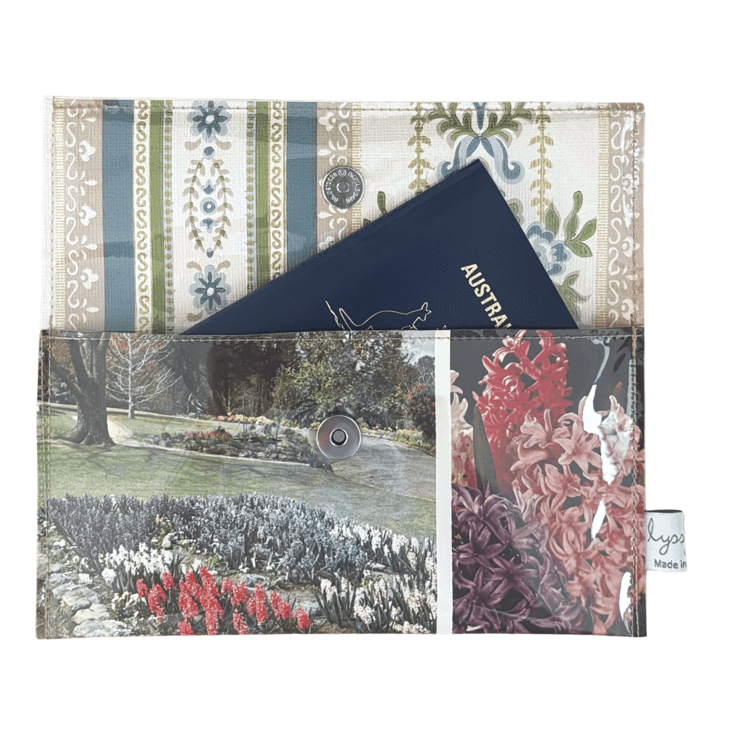 Vintage Garden Book Wallet featuring 1970s Australian Women's Weekly gardening pages with hyacinths and freesias design