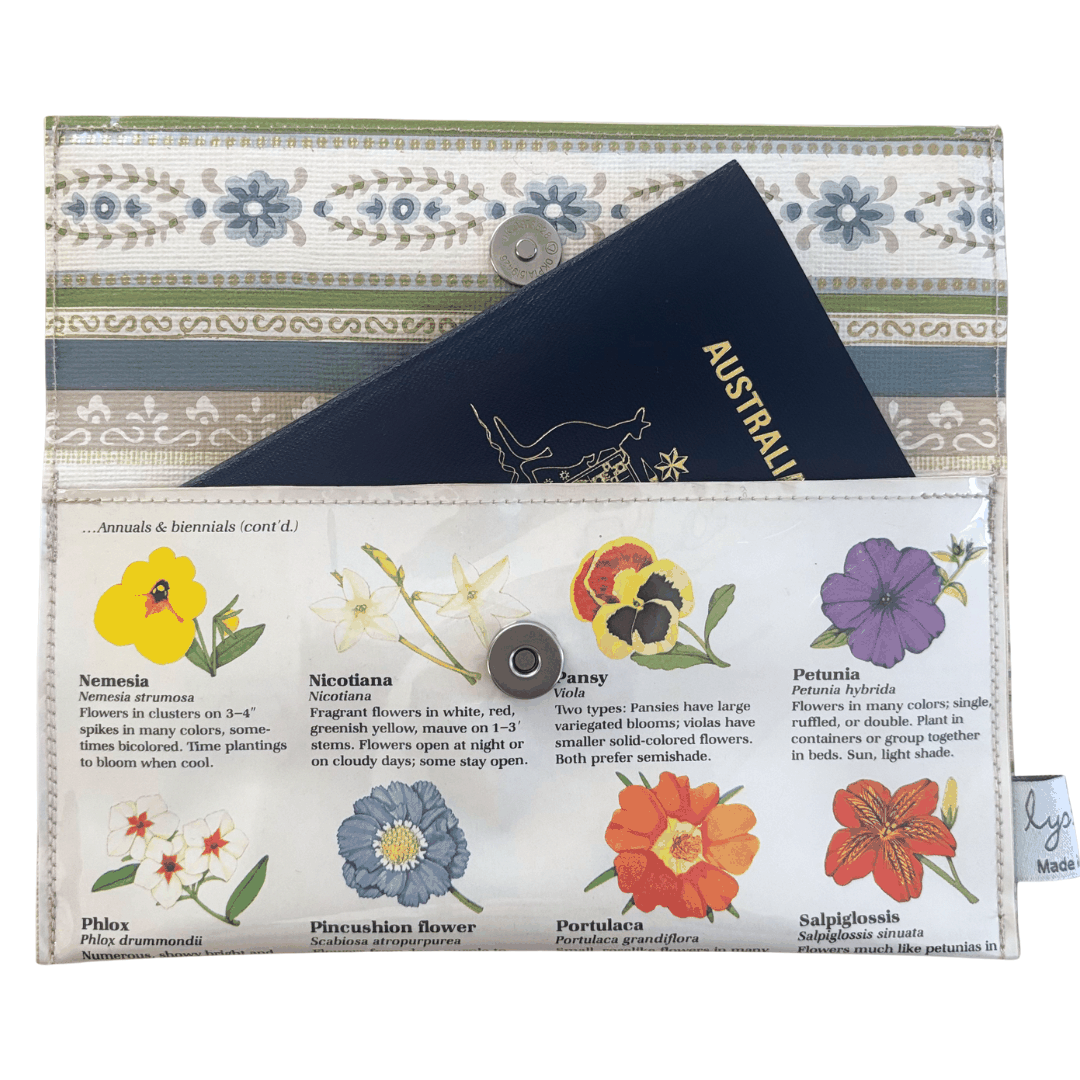 Vintage Garden Book Wallet featuring 1981 gardening book pages with illustrated annual flowers and vintage floral lining