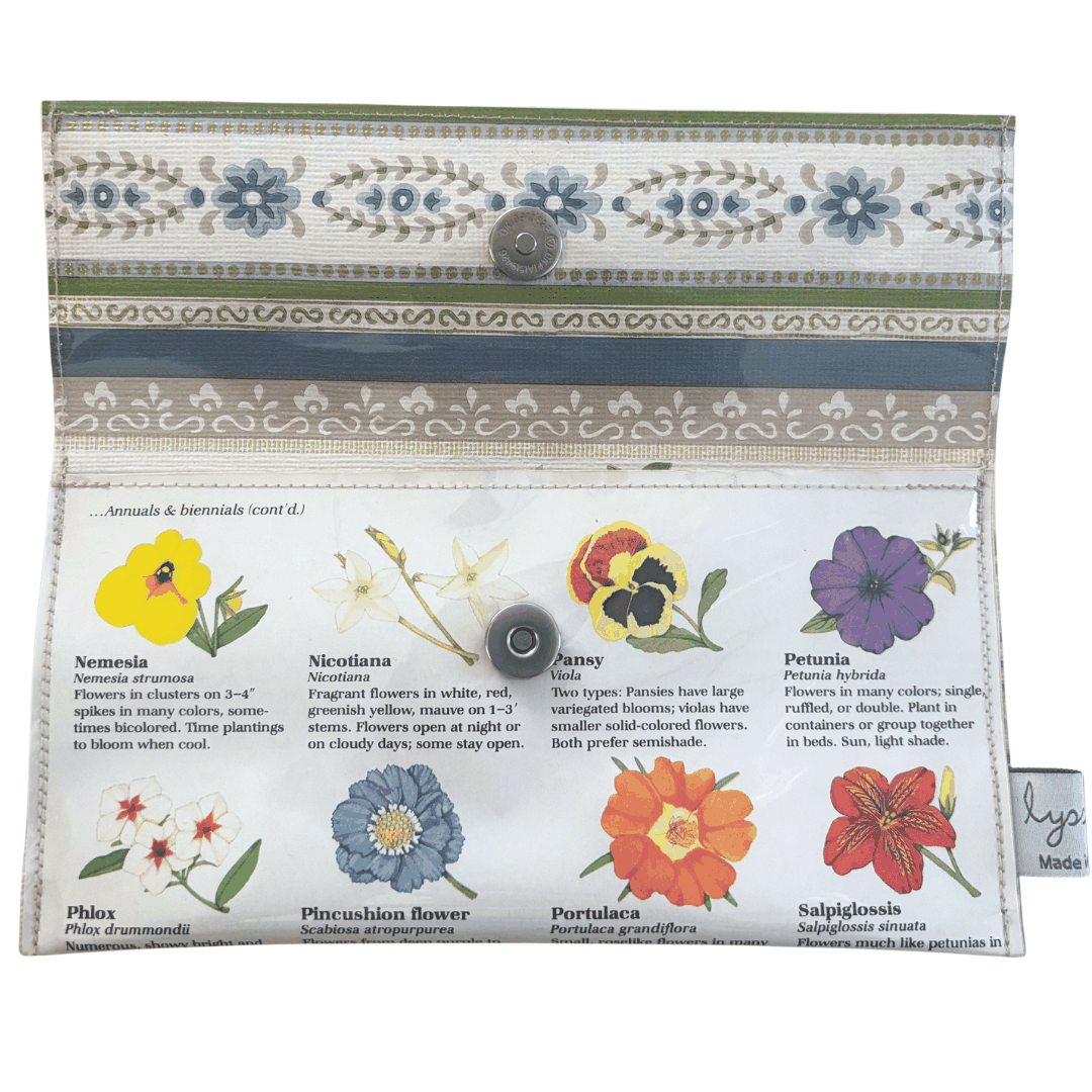 Lyssy May handmade wallet featuring pages from a vintage gardening book. Inside view showing magnetic clip closure.