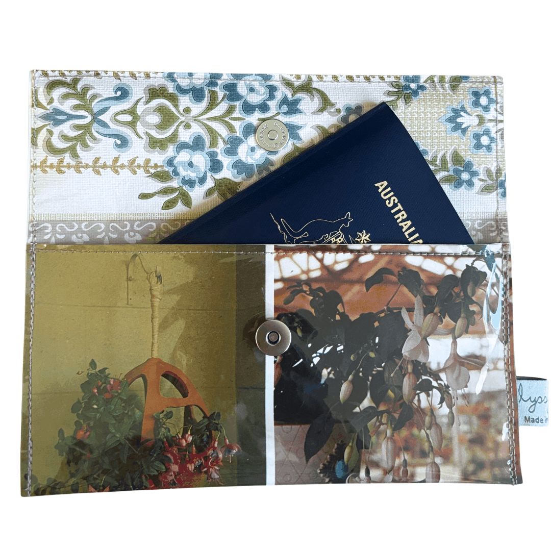 Vintage Garden Book Wallet featuring 1970s Australian Women's Weekly fuschias pages with floral wallpaper lining and magnetic clasp