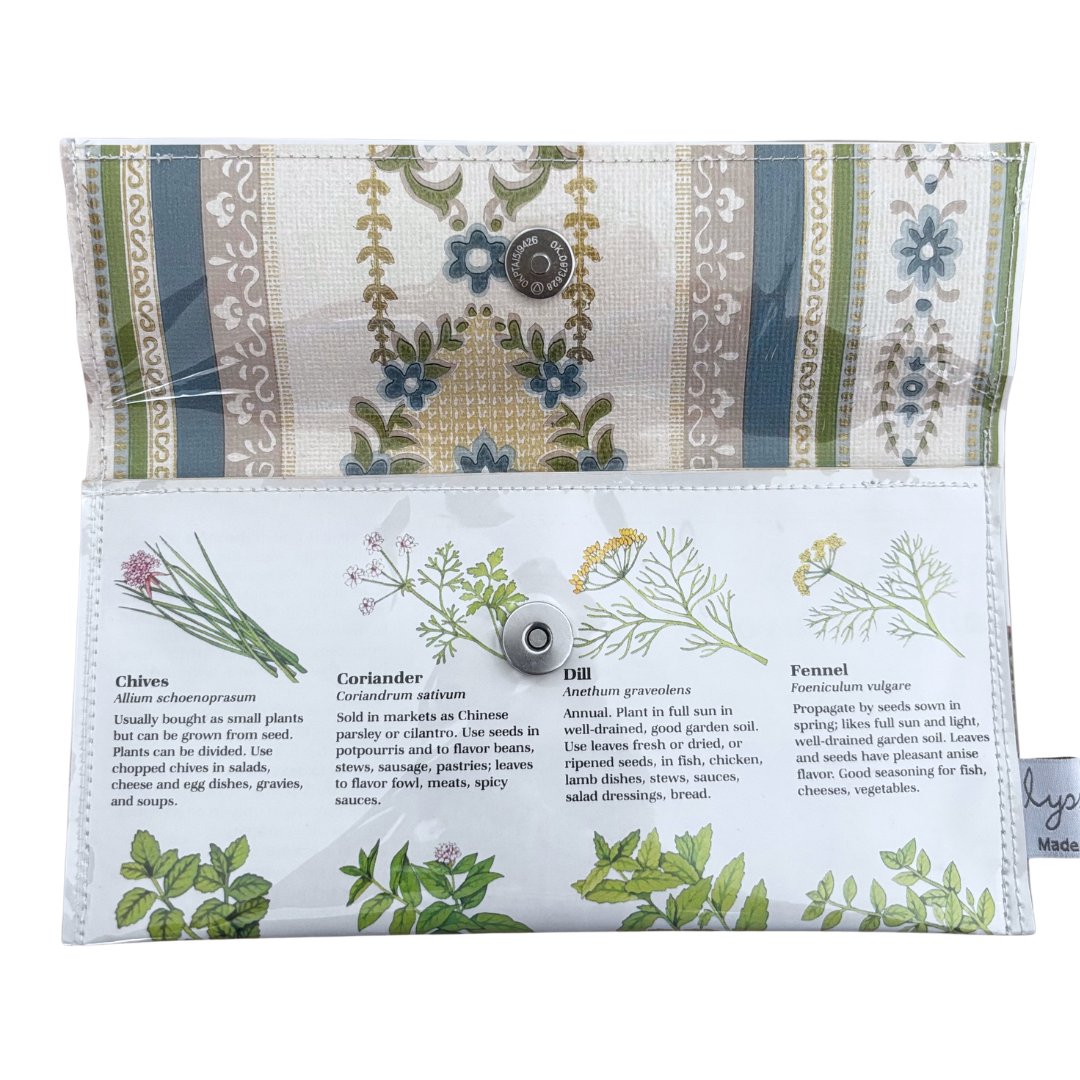 handmade wallet botanical designs and text on a white background