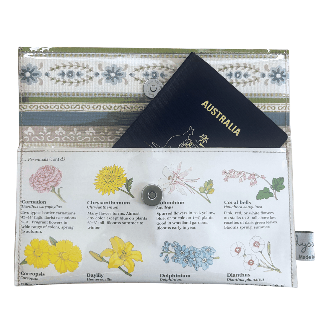 Vintage Garden Book Wallet made from 1981 gardening book pages with illustrated perennial flowers and vintage wallpaper lining