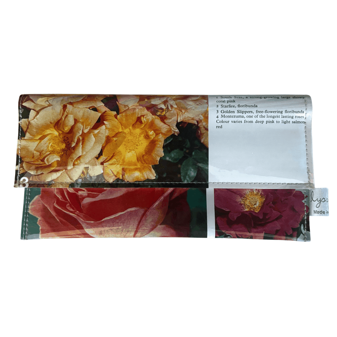 Vintage Garden Book Wallet featuring 1970s Australian Women's Weekly rose illustrations with floral wallpaper lining and magnetic clasp