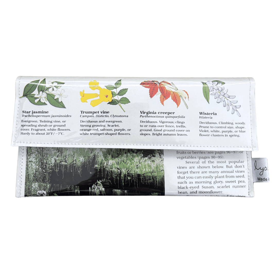 Vintage Garden Book Wallet made from 1981 gardening book pages with vine illustrations, lined with vintage wallpaper, slimline design with magnetic clasp