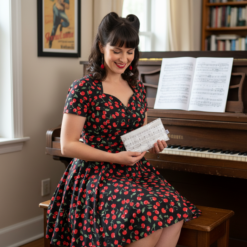 Woman in a cherry-patterned dress holding sheet music in front of a piano.