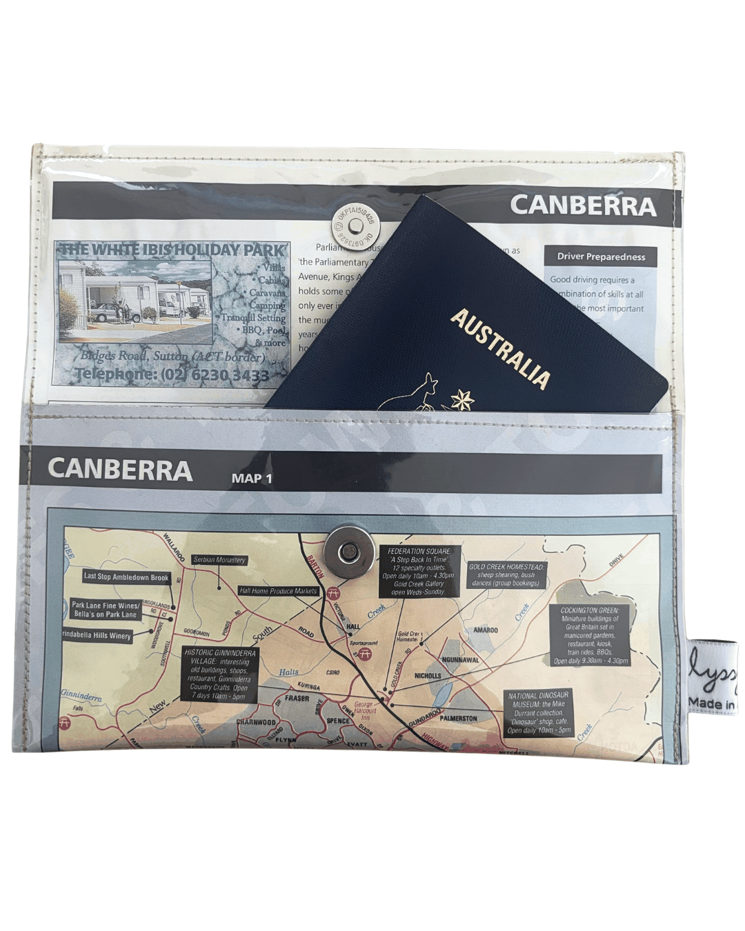 Slimline recycled street map wallet featuring 1998 Canberra suburbs, hand-stitched and protected with clear PVC