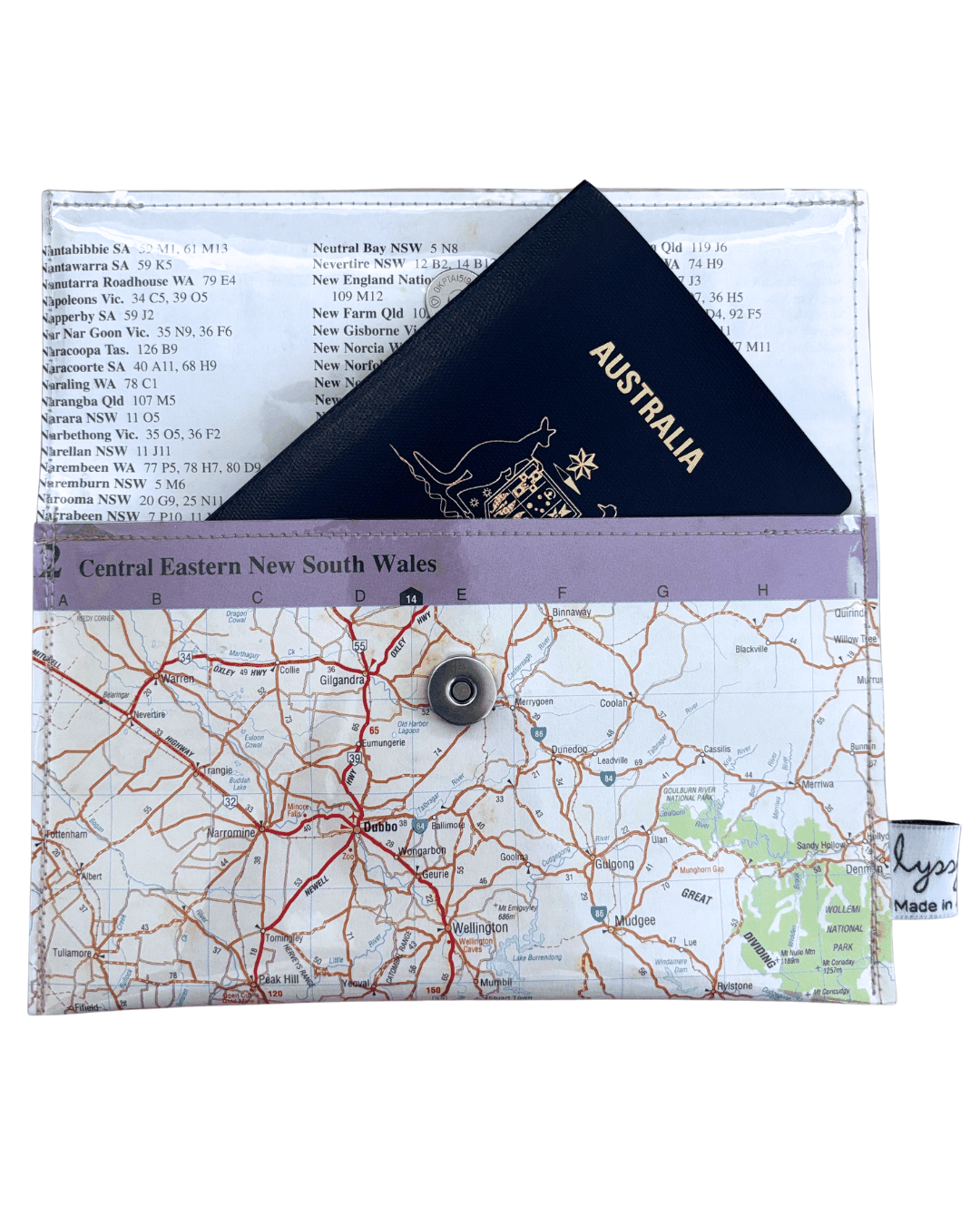 Slimline recycled street map wallet made from 1995 Australian road atlas pages featuring Central Eastern New South Wales, hand-stitched with clear PVC protection and magnetic clasp