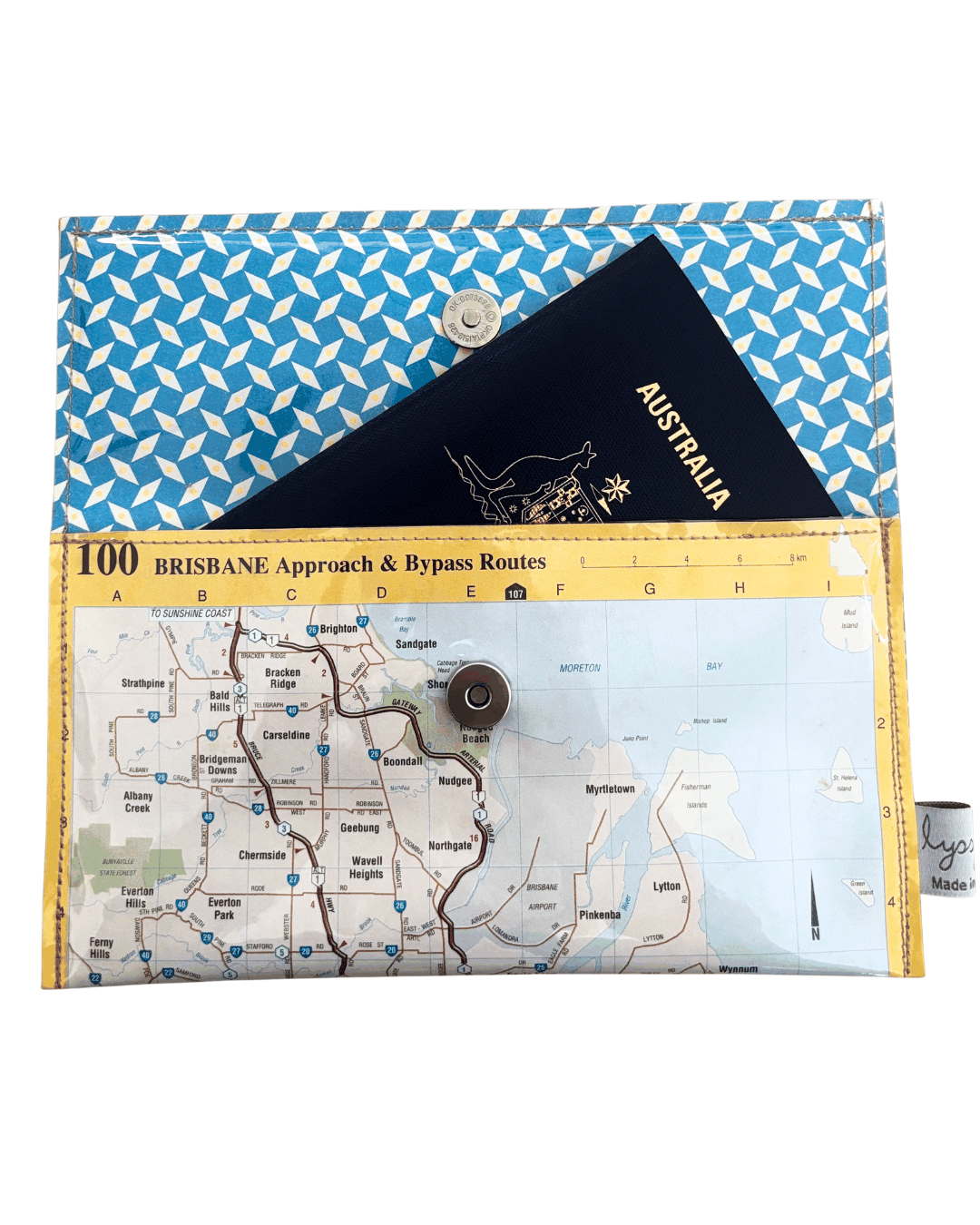 Recycled street map wallet featuring Brisbane approach and bypass routes from 1995 Australian road atlas