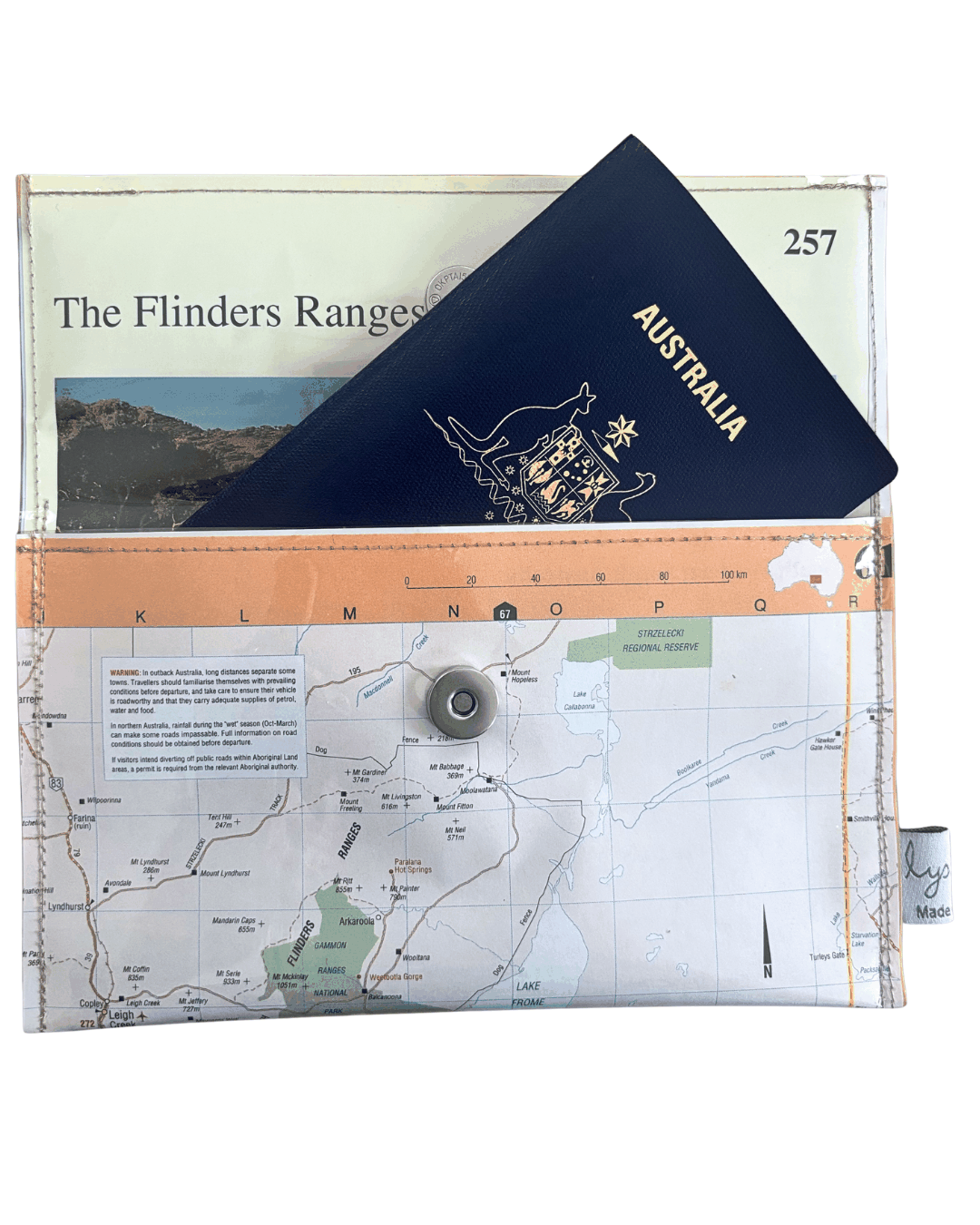 Recycled map wallet featuring Flinders Ranges and Barrier Highway, made from 1995 Australian Road Atlas pages with magnetic clip closure
