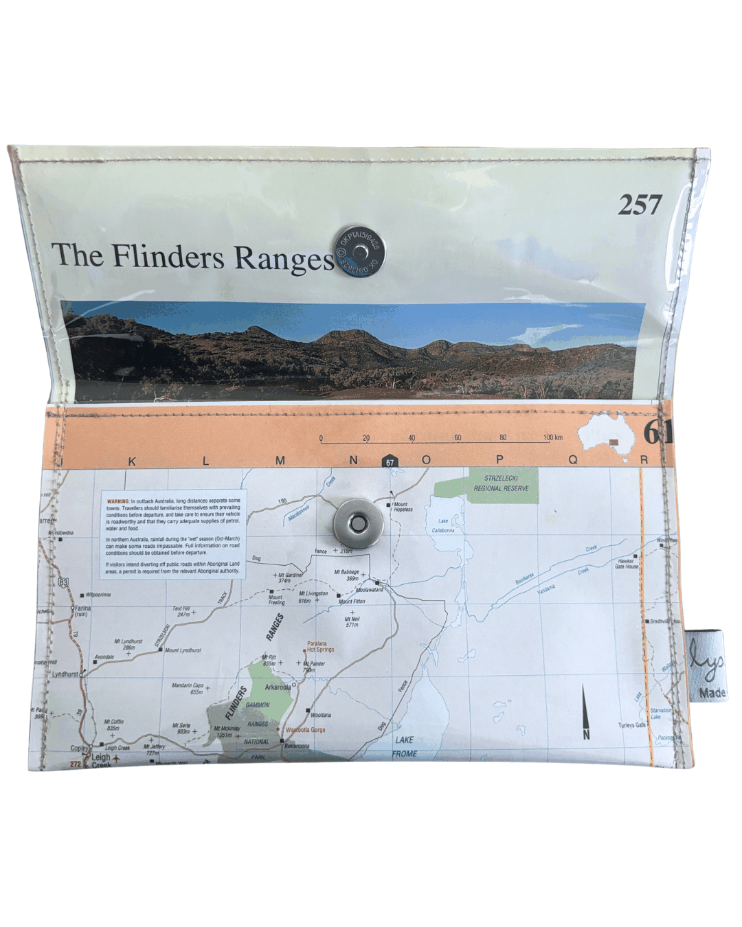 Recycled Map Wallet by LyssyMay South Australia Flinders ranges inside view of lining with magnetic clip.