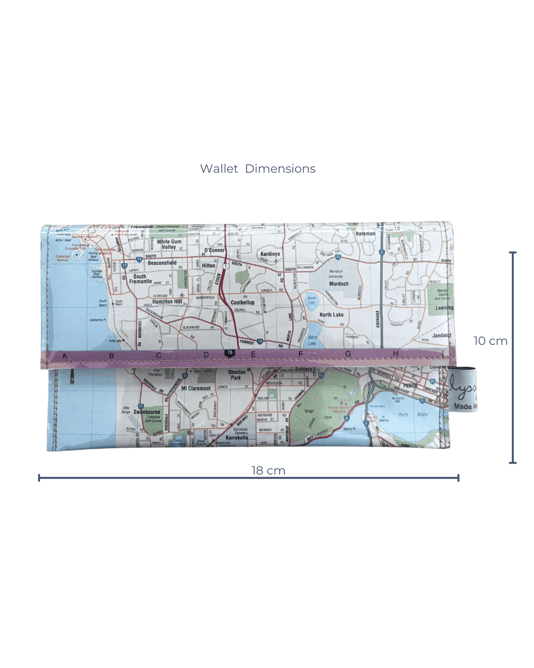 Map-patterned wallet with a ruler for dimensions on a white background
