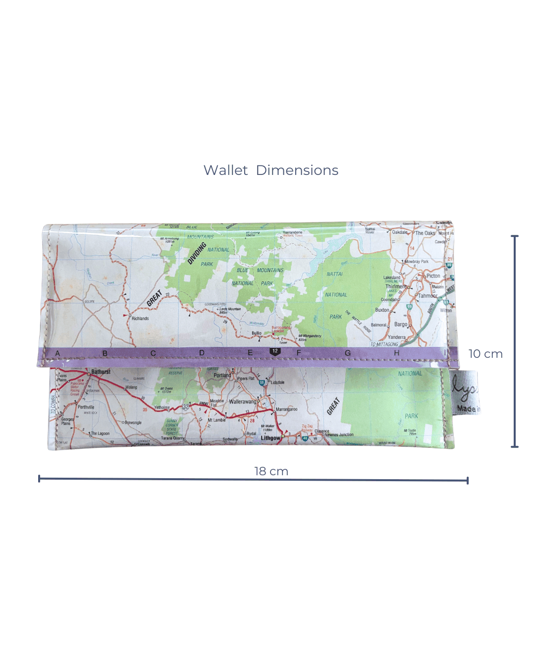 Map-patterned wallet with dimensions indicated on a white background