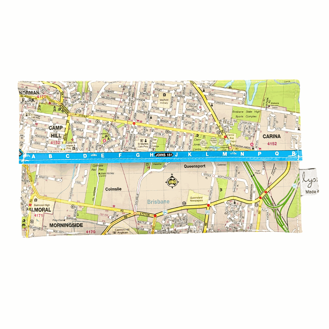Recycled Street Map Wallet featuring Brisbane suburbs Morningside, Colmslie, Balmoral, Seven Hills, and Cannon Hill made from original map pages with clear PVC and magnetic closure