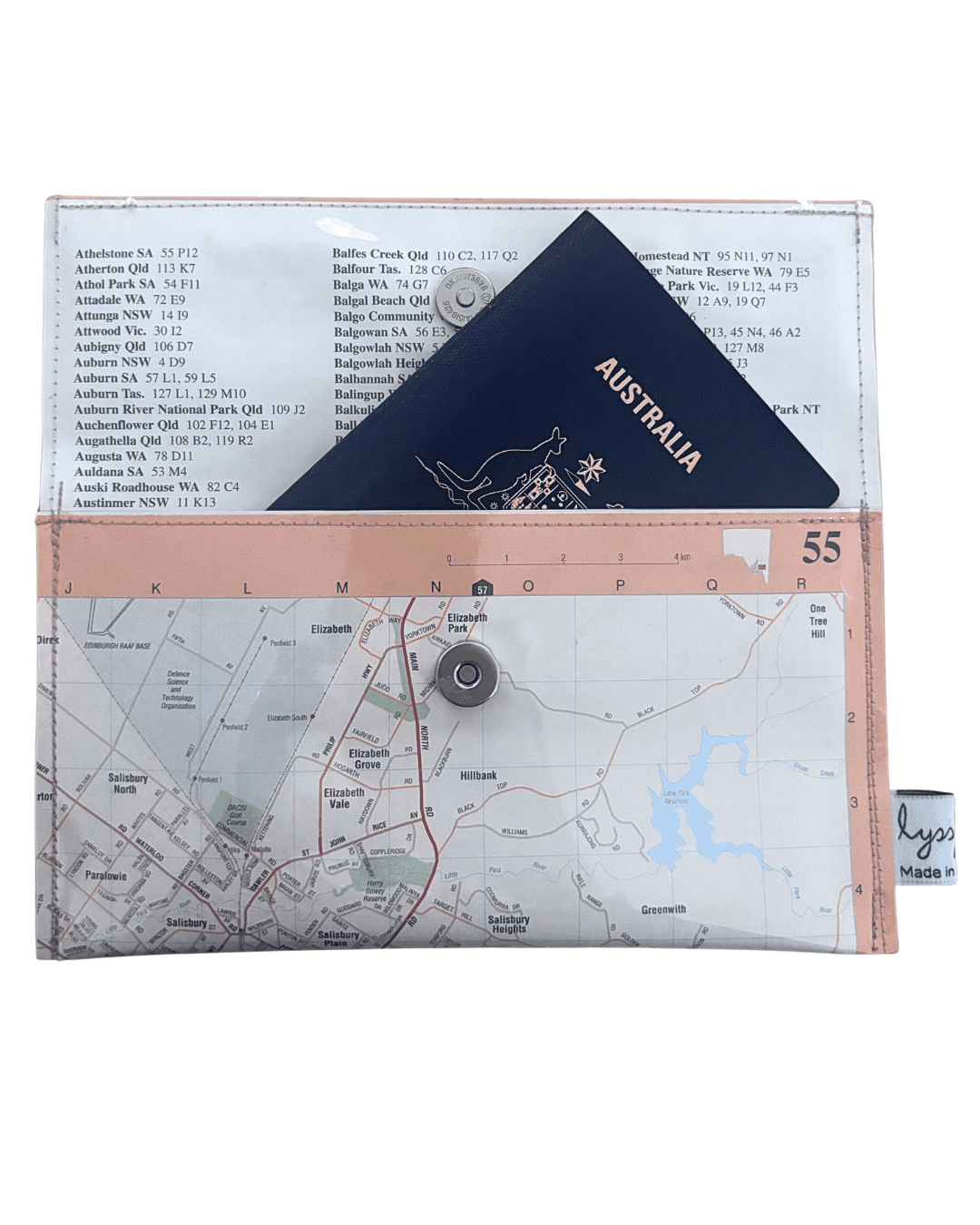 Handmade recycled map wallet featuring 1995 Adelaide Inner Northern Suburbs Australian Road Atlas pages with magnetic clasp