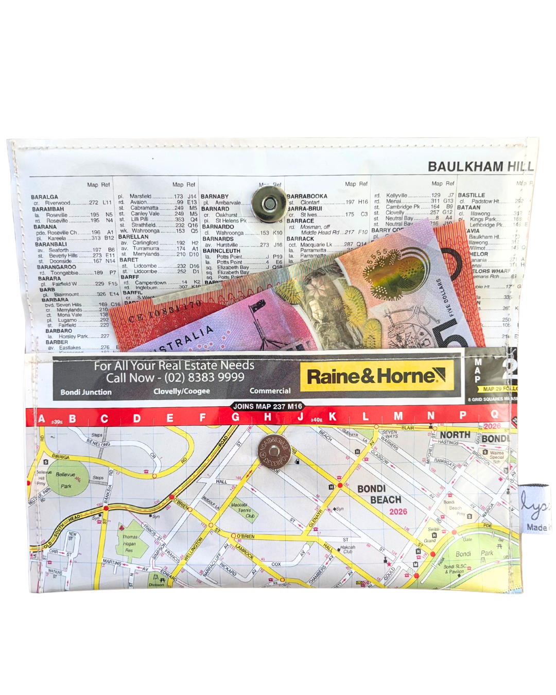Recycled Street Map Wallet - Lyssy May Handmade Wallet recycled map of Bondi Beach, Bronte and Tamarma