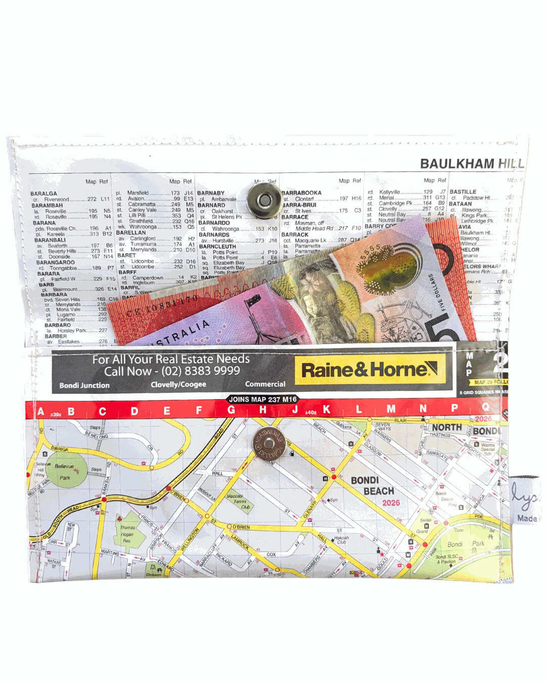 Recycled street map wallet featuring Bondi Beach, Bronte, and Tamarama with clear PVC coating and magnetic closure