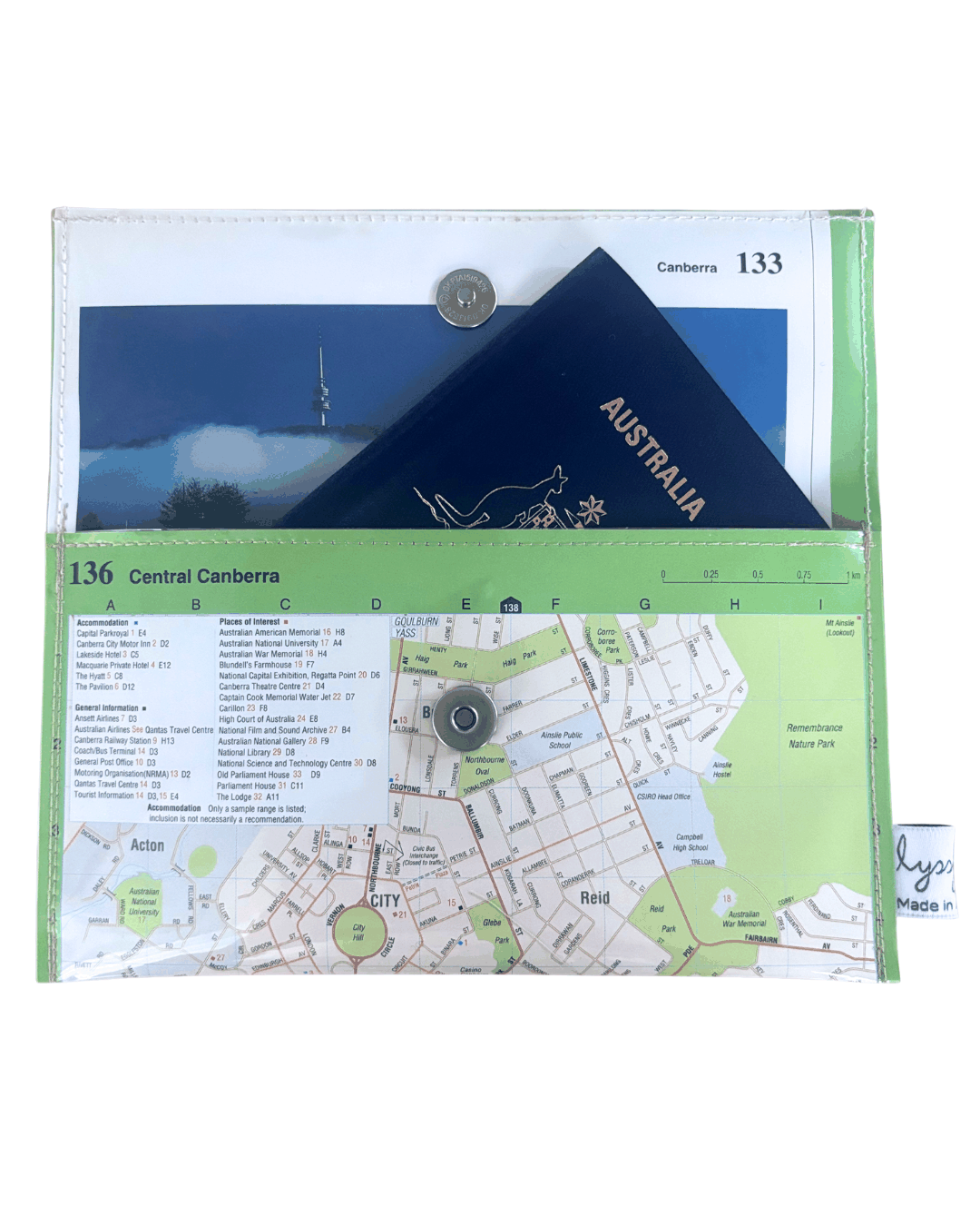 Recycled map wallet made from 1995 Explore Australia atlas featuring Central Canberra street map and Lake Burley Griffin