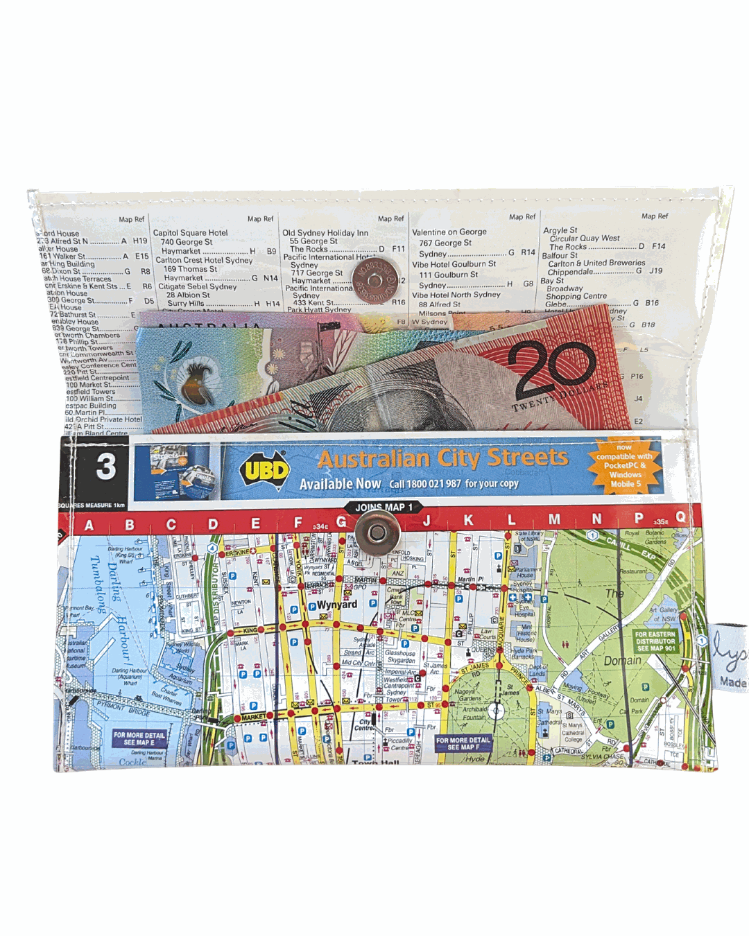 Recycled street map wallet made from 2008 Sydney UBD map featuring Central Station and Darling Harbour