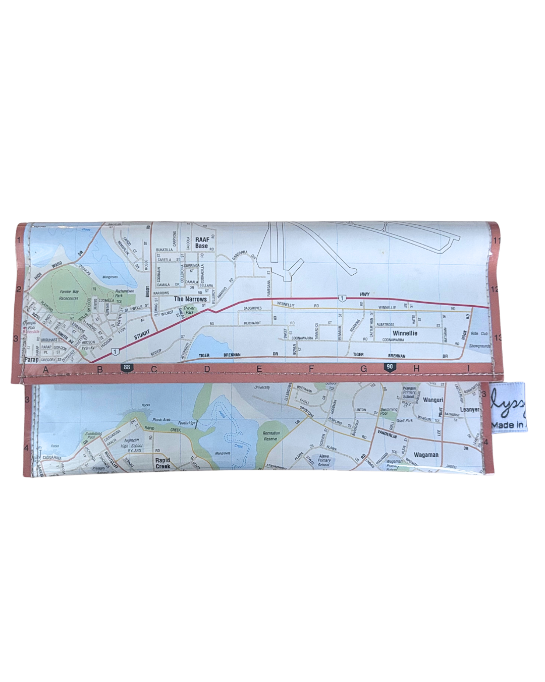 Recycled map wallet made from 1995 Darwin North Eastern Suburbs touring guide pages with magnetic clasp and PVC protection