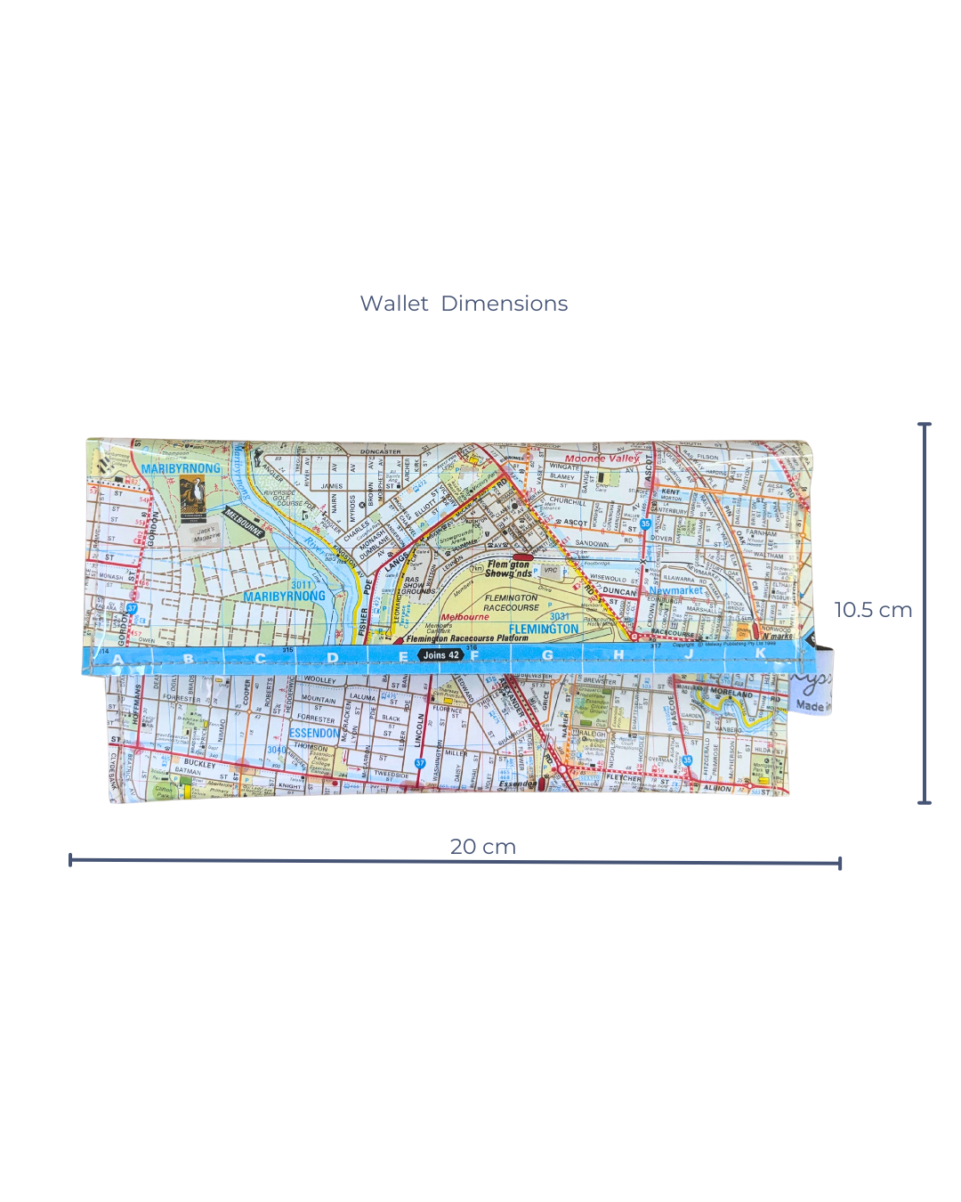 Map-patterned wallet with dimensions indicated on a white background