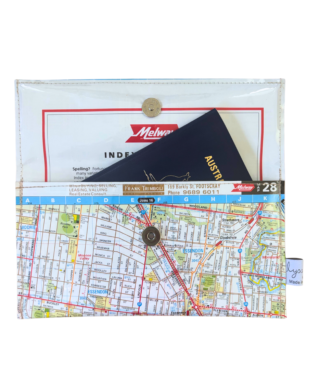 Handmade map wallet with a map design on a white background