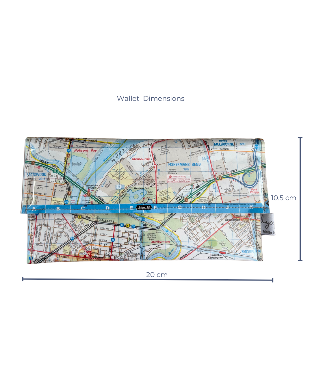 Recycled Street Map Wallet - Lyssy May Handmade Wallet recycled map of West Melbourne, Yarraville, Flemington, Kensington